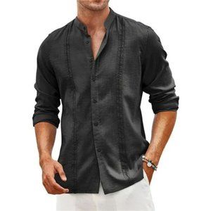 New Men's Cuban Guayabera Shirts Linen Casual Long Sleeve Button Down Shirt